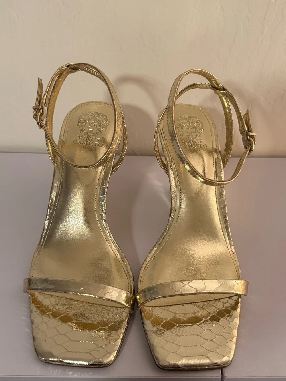 Vince Camuto Gold Metallic Snake-Embossed Wedge Sandals